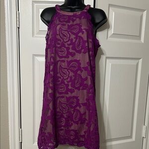 Skies Are Blue Purple Lace Overlay Midi Dress